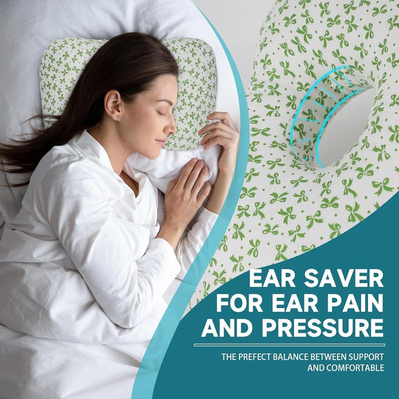 Wuronsa Ear Piercing Pillow with an Ear Hole, Cotton and Polyester Side Sleeping Pillow for CNH and Ear Pain Ear Inflammation Pressure Sores for Side Sleepers, Ear Guard Pillow (Green Flower) - Image 3